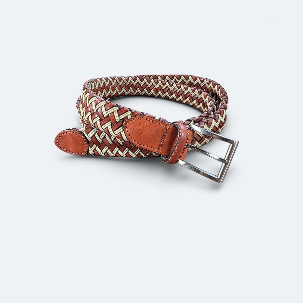 Fossil Men’s 38 Braided Leather Woven Stretch Belt Multi Tonal Zig Zag